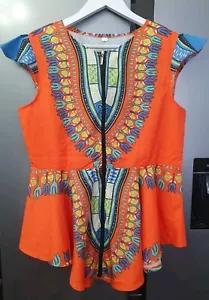 Women Ankara Orange Peplum Top Size L Unlined Light Fabric Full Zip Tribsl Print - Picture 1 of 23