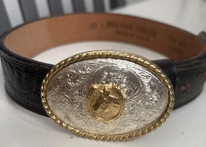 Child Brushy Creek Black Leather Belt & Buckle Brass Color Size 20" - Picture 1 of 9