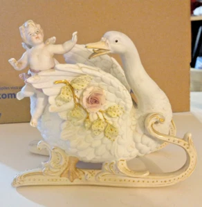 Circa 1940s German Bisque Cherub Riding Swan Sleight Figurine - Picture 1 of 9