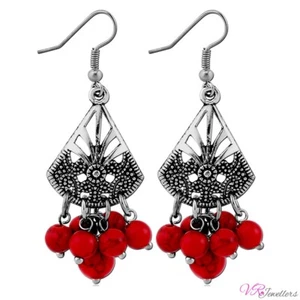 Red Coral Earrings Chandelier Drop Dangle Womens Bead Surgical Steel Earrings - Picture 1 of 2