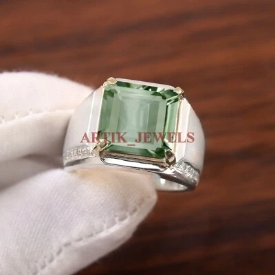 Natural Green Amethyst Gemstone with 925 Sterling Silver Ring for Men's #5140 - Image 1 of 4