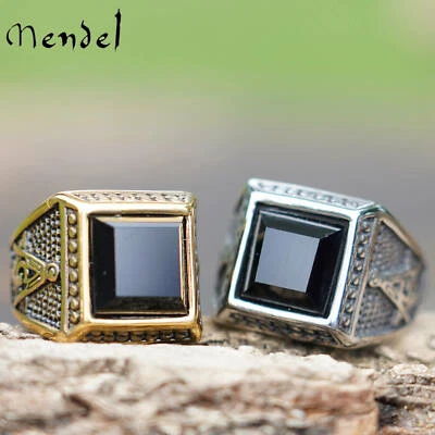 Anillo de piedra de ónix negro masónico chapado en oro de acero inoxidable talla 7-15 MENDEL para hombre Foto 1 de 4