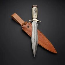 Custom Handmade Damascus Steel Hunting Dagger Knife, Camel Bone, Wood & Brass