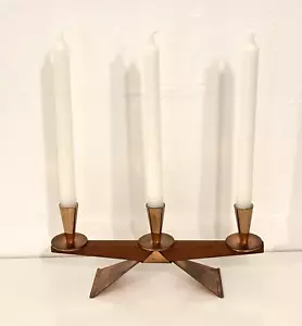 Vintage Mid Century Copper Candle Holder Candelabra Tapered Wood Base Adjustable - Picture 1 of 6