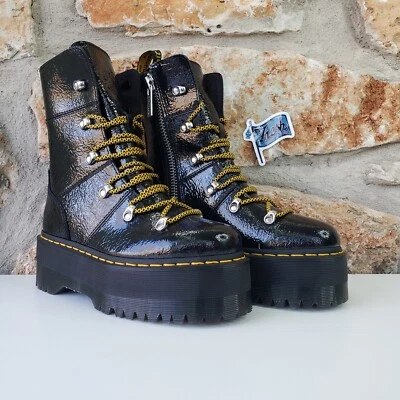 Dr. Martens Ghilana Max Distressed Patent Leather Boots Womens Sz 7 Black Yellow - Image 1 of 4