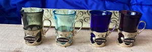 Vtg Small Colored Cordial Glasses w/ Metal Mackinac Bridge Holders Japan - Picture 1 of 12