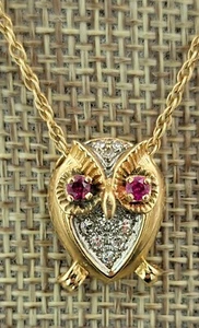 Vintage Hammerman Brothers 14k Gold Ruby Diamond Owl Necklace - Picture 1 of 10
