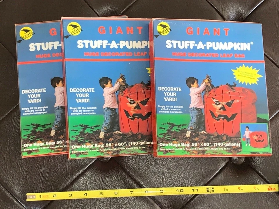X2 Vtg 1989 Halloween Giant Stuff a Pumpkin Leaf Bag 140 Gallon Biodegradeable