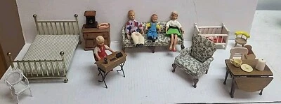 Miniature Dollhouse Dolls People Family Husband Wife Kids Vintage Sofa Bed Desk  - Image 1 of 4