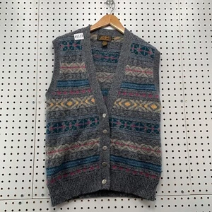 VTG Eddie Bauer Cardigan Sweater Vest Mens Medium Gray Striped Wool 18.5x26 - Picture 1 of 13