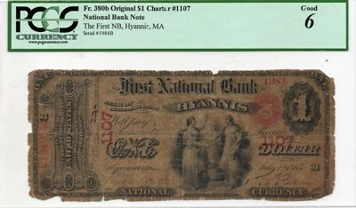 $1 1865 Hyannis Massachusetts National Currency Bank Note Bill PCGS 6 - Image 1 of 2