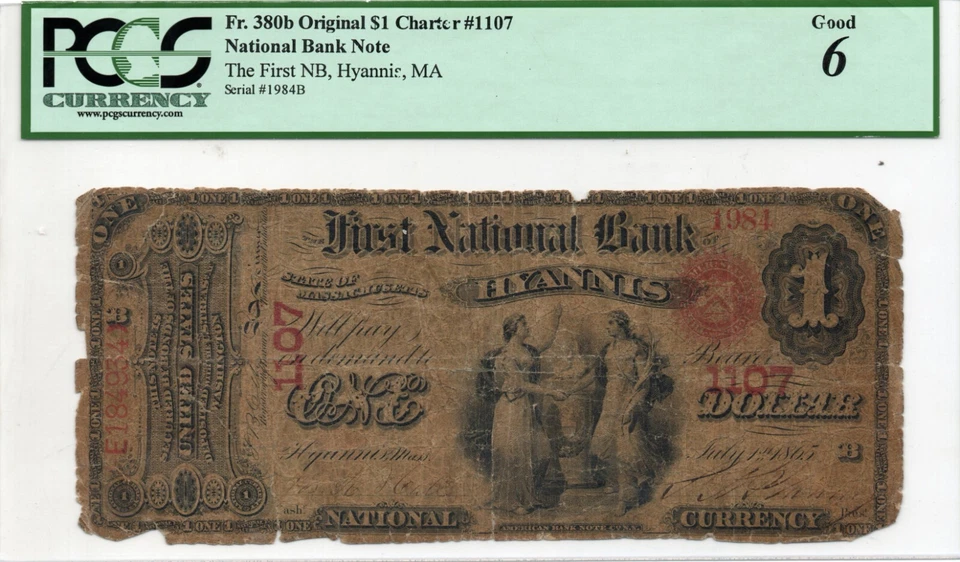 $1 1865 Hyannis Massachusetts National Currency Bank Note Bill PCGS 6 - Image 1 of 2