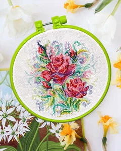 Hágalo usted mismo Kit de punto de cruz contado "rosas de primavera" con aro - Imagen 1 de 3