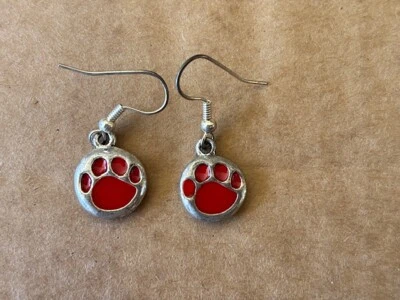 Red Enameled Paw Print Dog Cat Tiger Pewter Earrings, 1/2" - Image 1 of 3