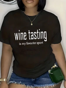 Plus Size Print Wine Tasting Graphic Neck T-Shirt For Woman Casual Short Sleeve - Picture 1 of 12