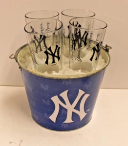 Set of 4 MLB New York Yankee Glass Pint 16 oz with Metal Bucket Gift - Picture 1 of 5