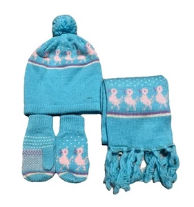 VTG Youth Park Girls Kids Hat Gloves Scarf Set Mittens Puff Ball Birds Blue 4/6x - Picture 1 of 7