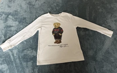 Polo Ralph Lauren White Polo Bear Long Sleeve Tee Shirt Size 8 Boys RL Cozy Bear - Image 1 of 4