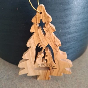 Vintage Olivenholz Weihnachtsschmuck Jesuskind Krippe Bethlehem Baum Stern - Bild 1 von 4