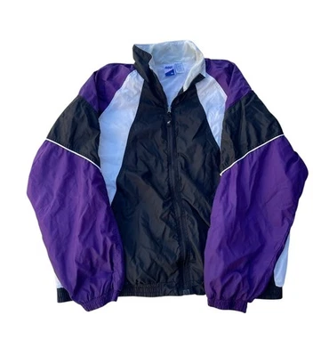 Chaqueta cortavientos vintage bicicleta para hombre XL 1980s chaqueta bicicleta púrpura negro blanco de colección Foto 1 de 4