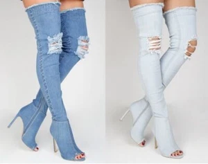 LADIES WOMENS OVER THE KNEE THIGH HIGH BOOTS HEELS STILETTOS DENIM STRETCH SIZE - Picture 1 of 22