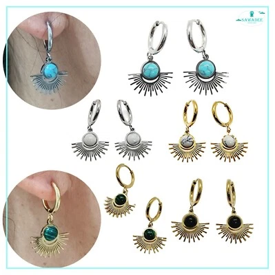 Orecchini da donna a cerchio in acciaio cerchietto con pendente e pietra etnico  - Immagine 1 di 4