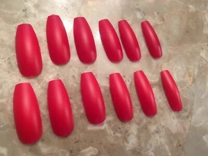 Red Matte Long Coffin False Nails - Picture 1 of 2