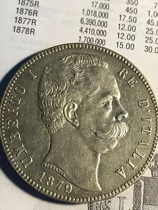 1879-R Silver 5 Lire Italy Km#20 Rare Hi Grade - Picture 1 of 5