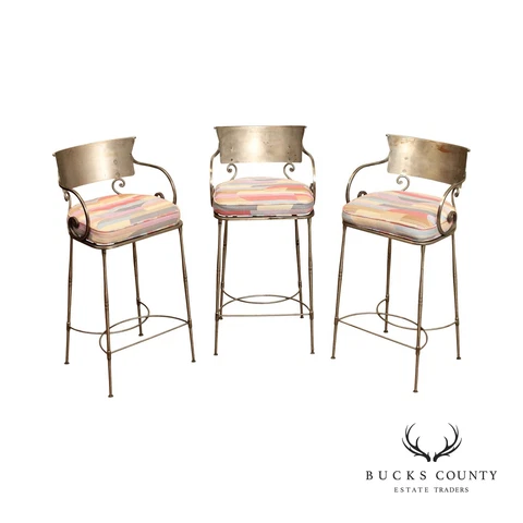 Italian Hollywood Regency Set of Three Steel Bar Stools Cover