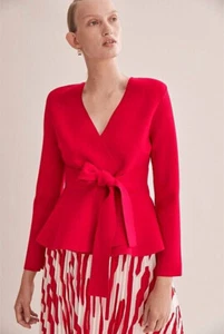 Country Road Compact Knit Jacket Size XS Red Scarlet Crepe Wrap TieFront Stretch - Picture 1 of 19