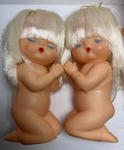 Vtg Japan 3 Angel Ornament Praying Baby Doll Wings Hair Cherubs Blond Nude 4" - Picture 1 of 10