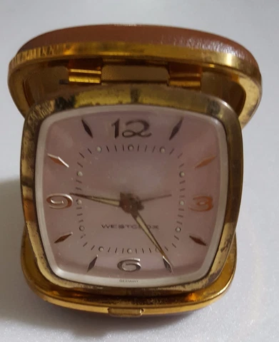 Vintage Travel Clock Westclox Wind up Made in Germany Cowhide Case Approx 3 x 3" Cover