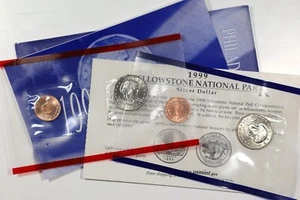 1999 P&D Susan B Anthony 2 Münzen postfrisch Set mit Yellowstone-Karte - OGP! - Bild 1 von 4