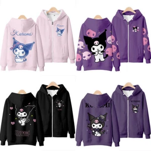 Women Kuromi Print Hoodie Jacket Sweatshirt Cartoon Zip Up Hooded Coat Outwear - Picture 1 of 16