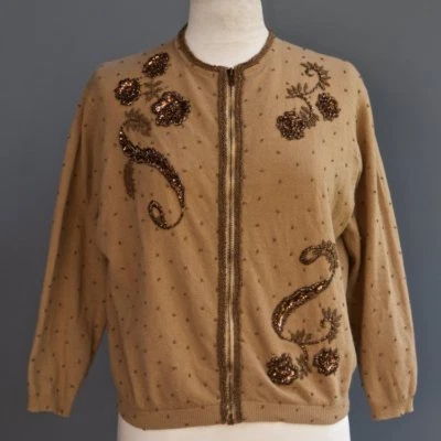 Suéter De Colección Años 50 60 Miss Boutique Vidrio Cuentas Bronceado Angora Mezcla Lana M L Foto 1 de 4