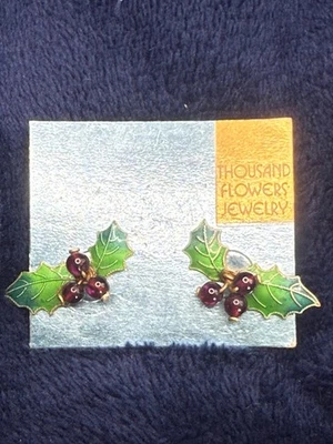 Vintage Thousand Flowers Enamel Earrings Holly Christmas Silver NICE On Card - Image 1 of 4