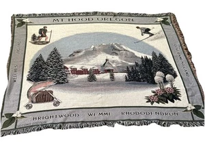 VTG Mt Hood Oregon Woven Wall Hanging, Throw Snow Ski Scene 68" X 50" 1990s - Picture 1 of 11