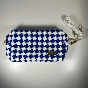 Blue Houndstooth Tweed Crossbody Bag Gold Hardware Clutch Purse - Picture 1 of 4