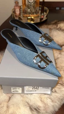NIB Balenciaga BB Logo Knife Blue Denim Pointed Toe Mule Pumps  - Image 1 of 4