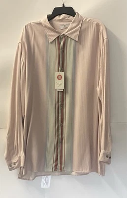 Bobby Chan Men Cream Stripe Silk/Blend Casual Button-Front Long Sleeve Shirt XXL - Изображение 1 из 4