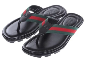 NEW GUCCI MEN'S BLACK LEATHER WEB LOGO THONG SANDALS SHOES 8/US 8.5.5 - Picture 1 of 8