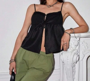 Spaghetti Strap Ruffle Neck Tie Front Split Solid Black Satin Cropped Cami M (6) - Picture 1 of 11