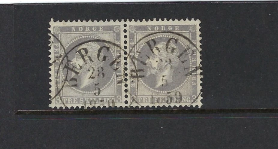 Норвегия 1856 3 sk сиренево-серый тонкий горизонтальная пара с Bergen отменяет Facit 3 - Изображение 1 из 1