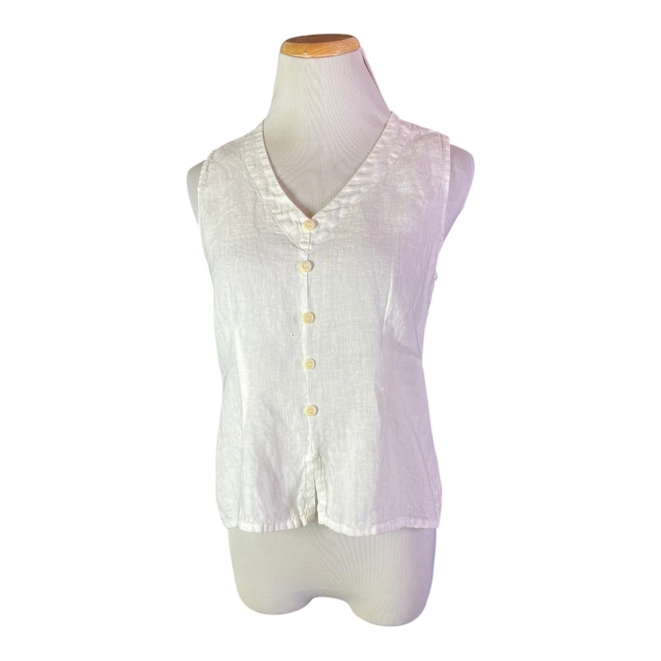 Top sin mangas de lino blanco talla pequeña talla FLAX cuello en V pulóver botones decorativos Foto 1 de 4
