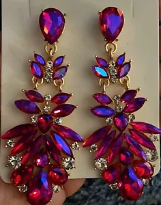 3" Red Pink AB Rhinestone Dangle Chandelier Earrings Wedding Formal Prom Padgent - Picture 1 of 13