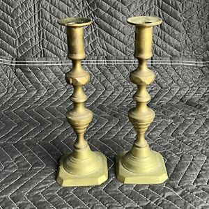 Beautiful Pair Antique Spun Brass Queen Anne Or Victoria Push-up Candle Sticks