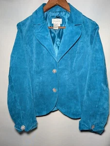 Blazer donna vintage Live A Little 100% pelle scamosciata verde acqua piccolo bottone a pressione - Foto 1 di 11