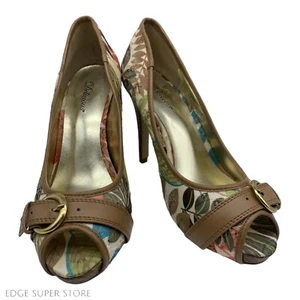 Delicious Brown Green Floral Gold Buckle Strap Peep Toe High Heels Pumps Sz 8.5 - Picture 1 of 6