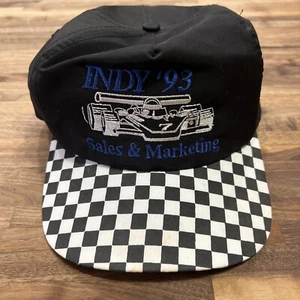 Vintage Karierte Mütze Kappe Druckknopflasche Schwarz Blau Indy 93 Racing Motiv - Bild 1 von 6