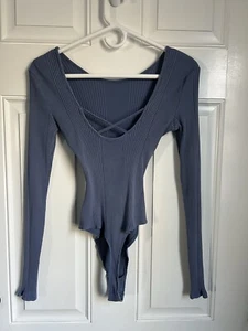 Aerie Bodysuit Womens S Blue Ribbed Long sleeve Cotton Stretch Casual Soft - Picture 1 of 8